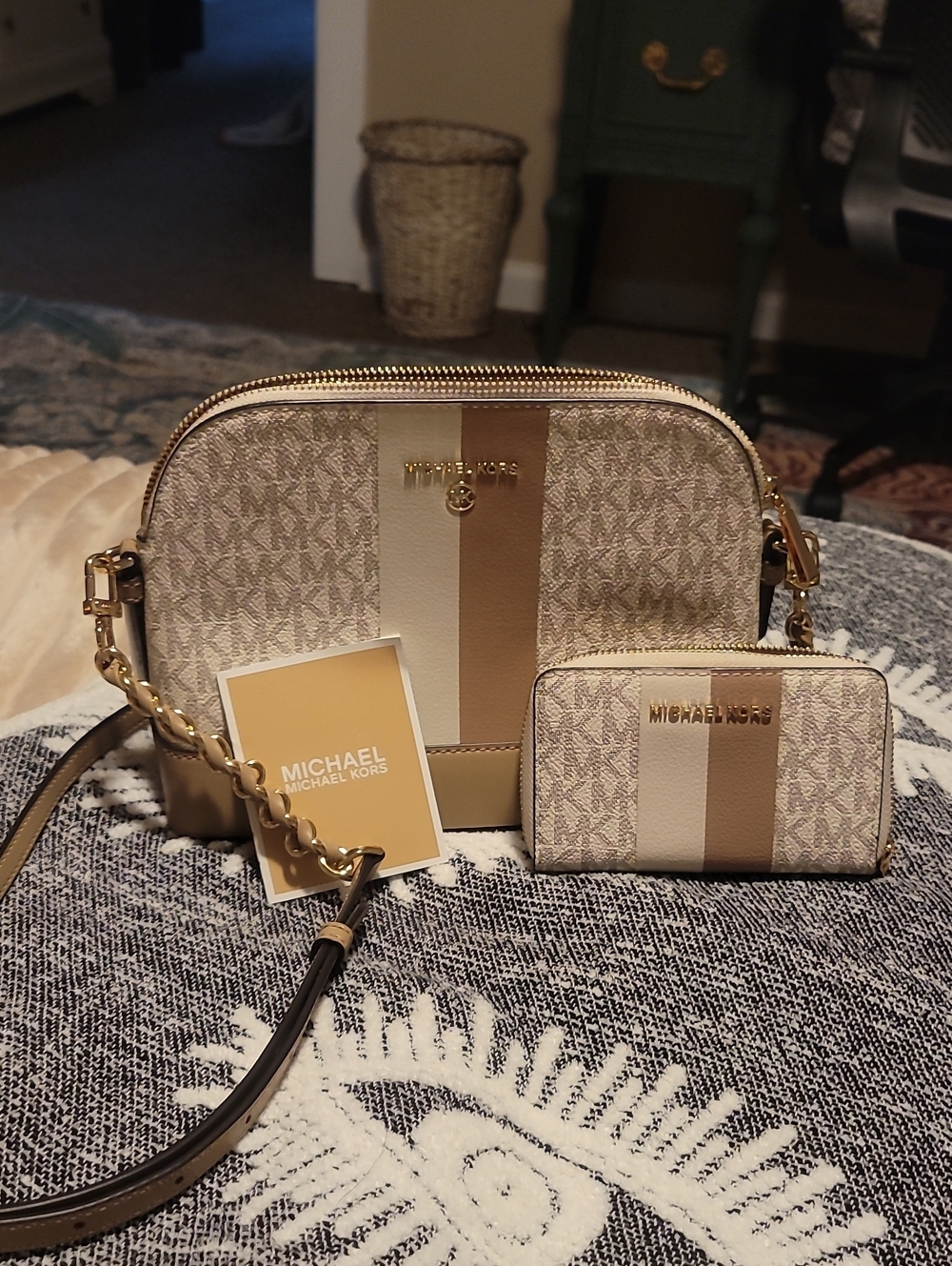 Michael Kors Beige and Tan Signature Logo Crossbody with Matching Wallet